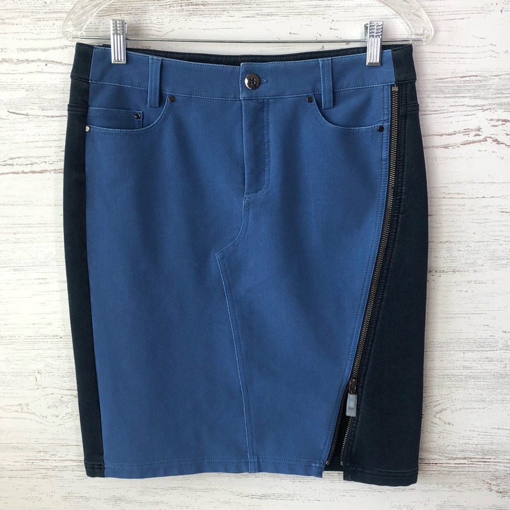 NWOT WORTH NEW YORK Colorblock Moto Stretch Denim Asymmetrical Zipper Skirt 0